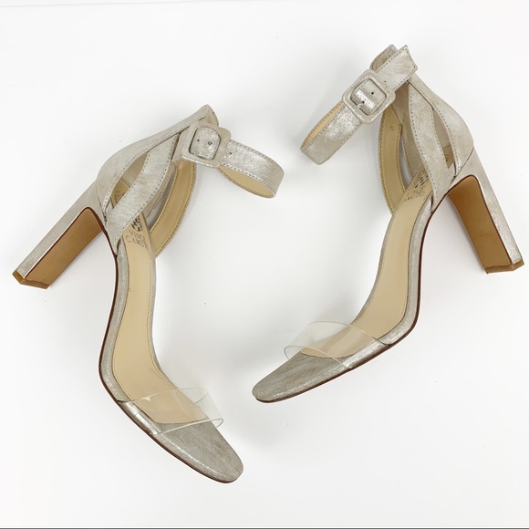 Vince Camuto Shoes - VINCE CAMUTO Bevvyn Brushed Silver Sandals Heels Clear Toe Strap SIZE 9.5